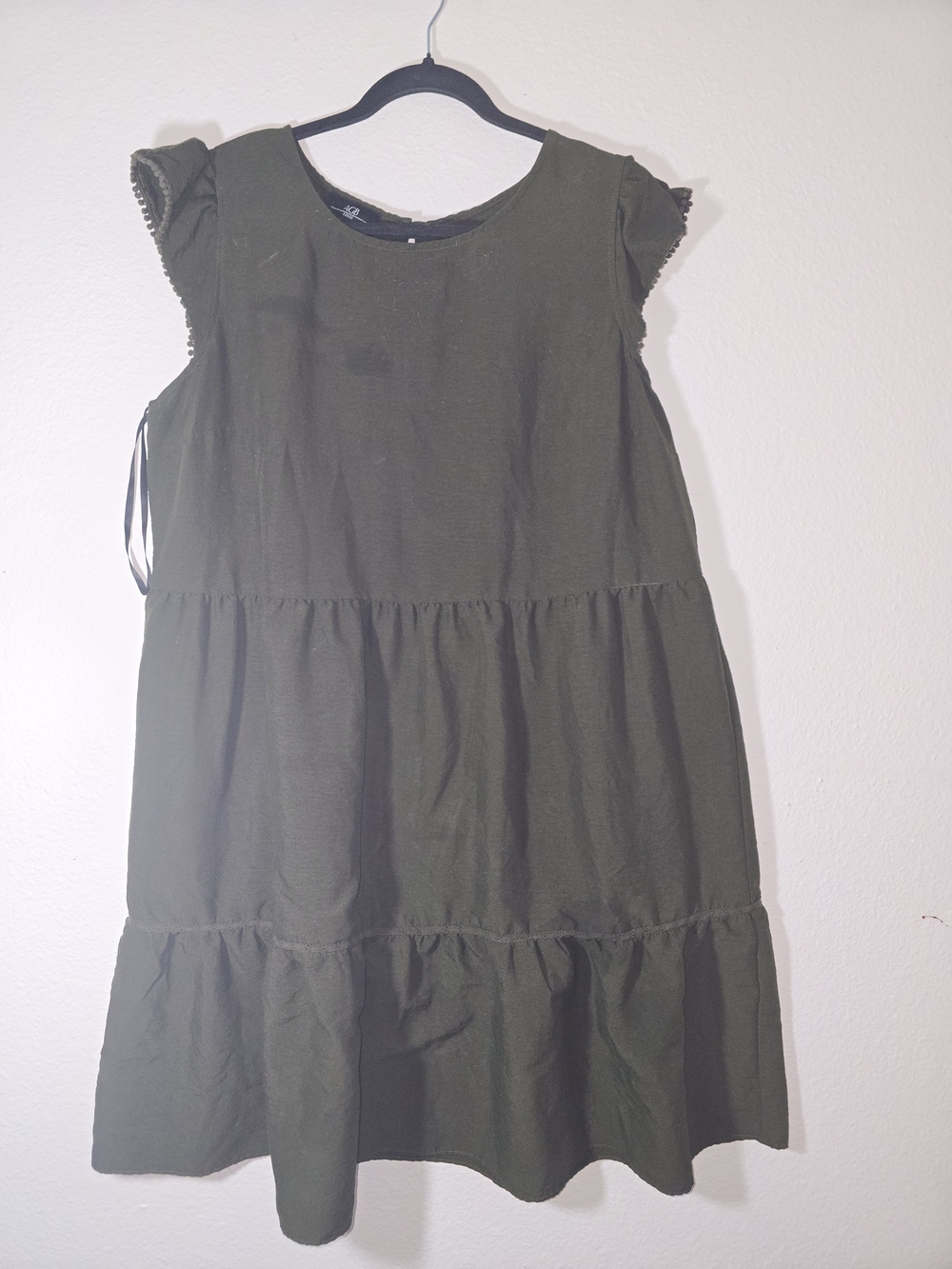 AGB Olive Green Tiered Cotton Dress with Ruffle Cap Sleeves